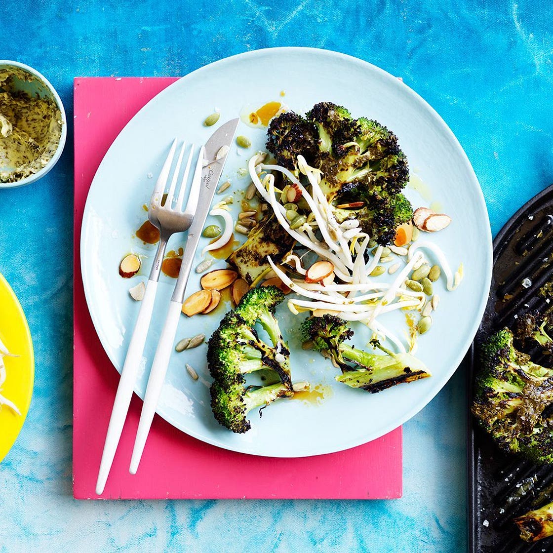 Barbecued broccoli with vine leaf butter