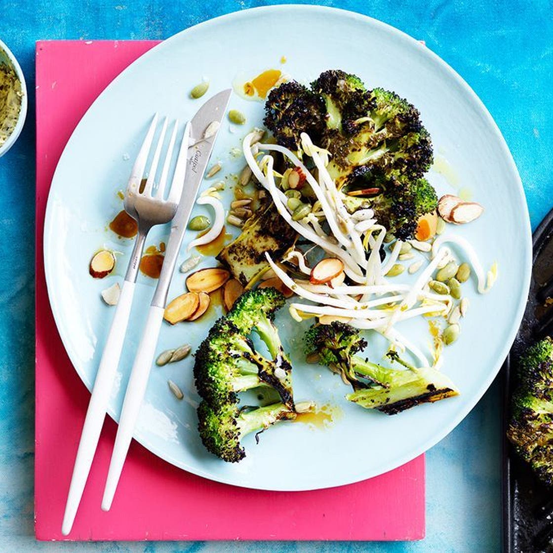 Barbecued broccoli with vine leaf butter
