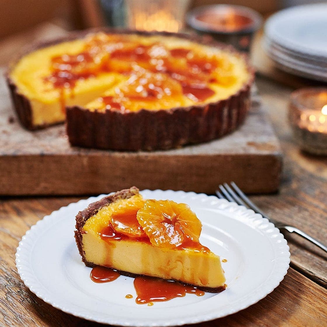 Chocolate and orange custard tart with caramel