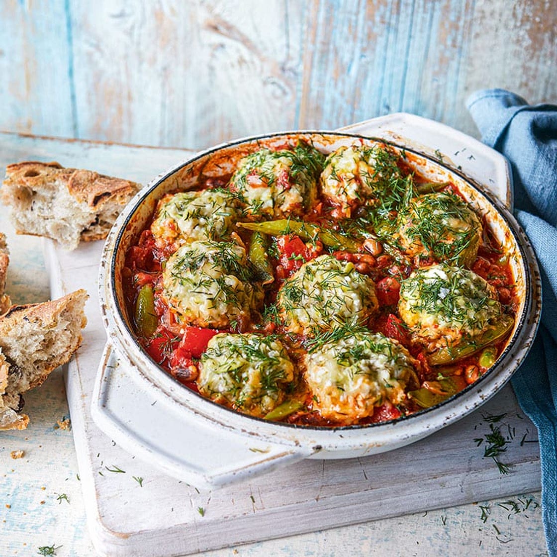 Greek-style casserole with courgette dumplings