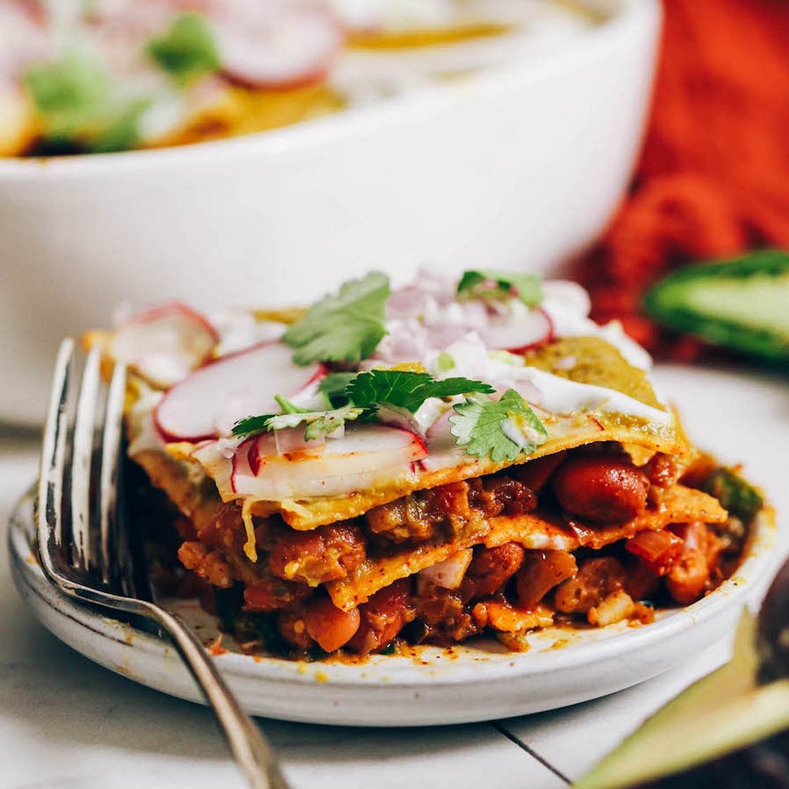 Pinto Bean & Veggie Green Enchilada Bake