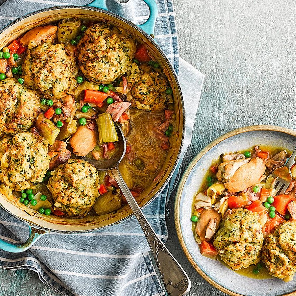 Chicken & ham casserole with mustardy dumplings