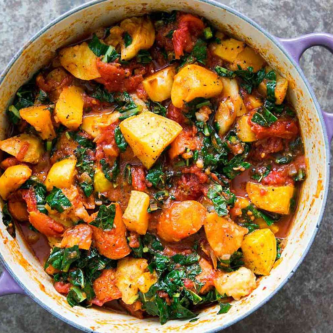 Roasted Root Vegetables With Tomatoes and Kale