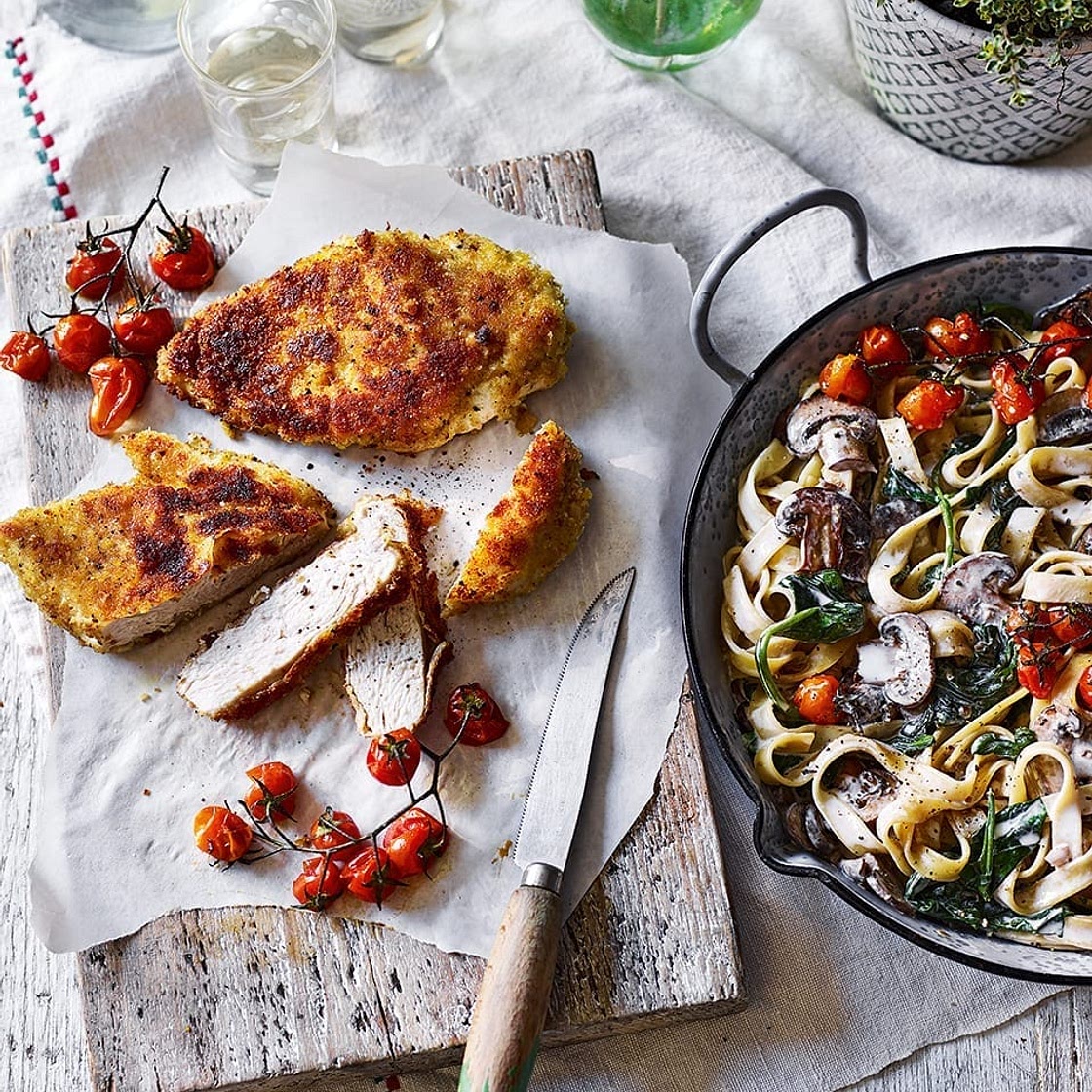 Mushroom tagliatelle alfredo with chicken milanese