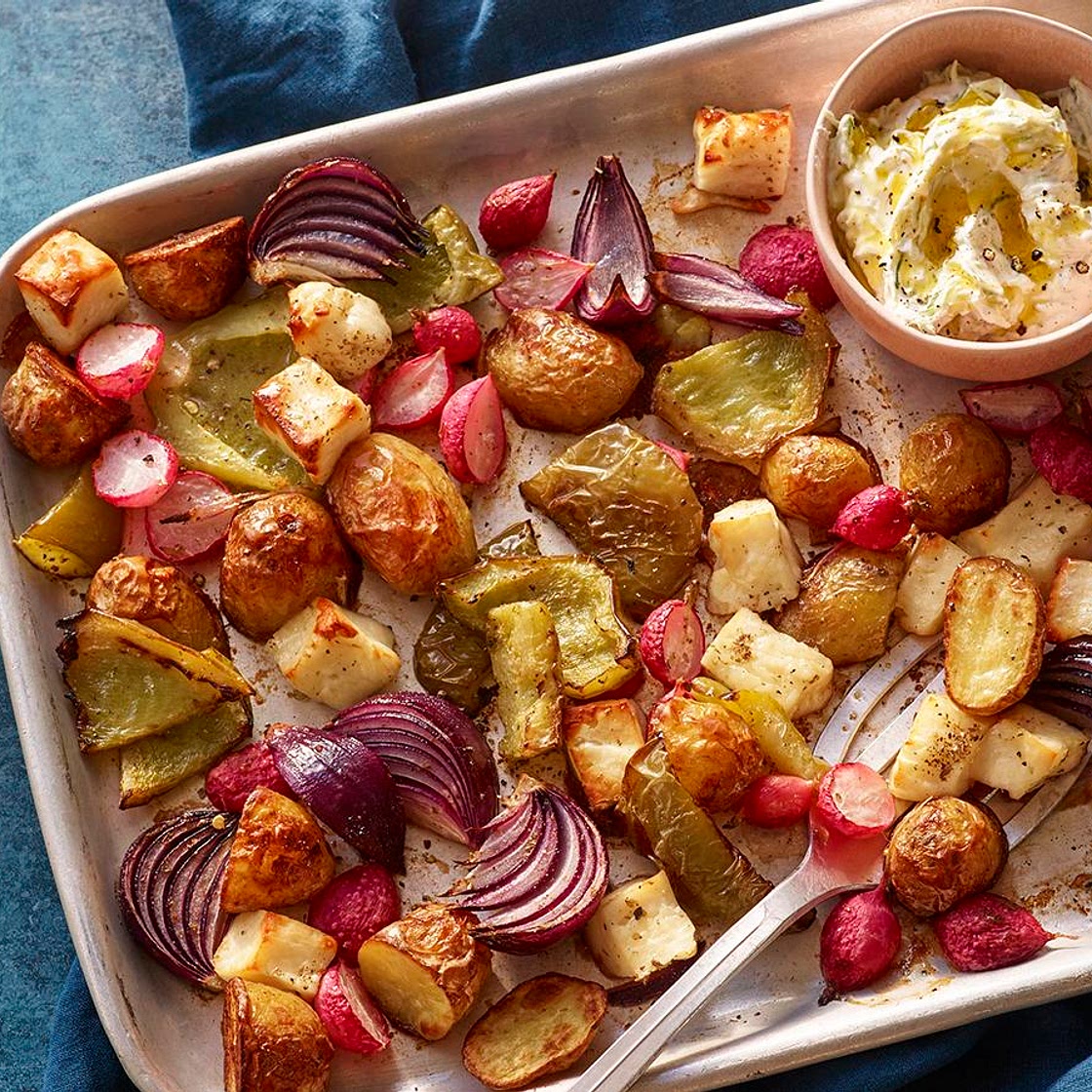 Vegetable and halloumi traybake with tzatziki