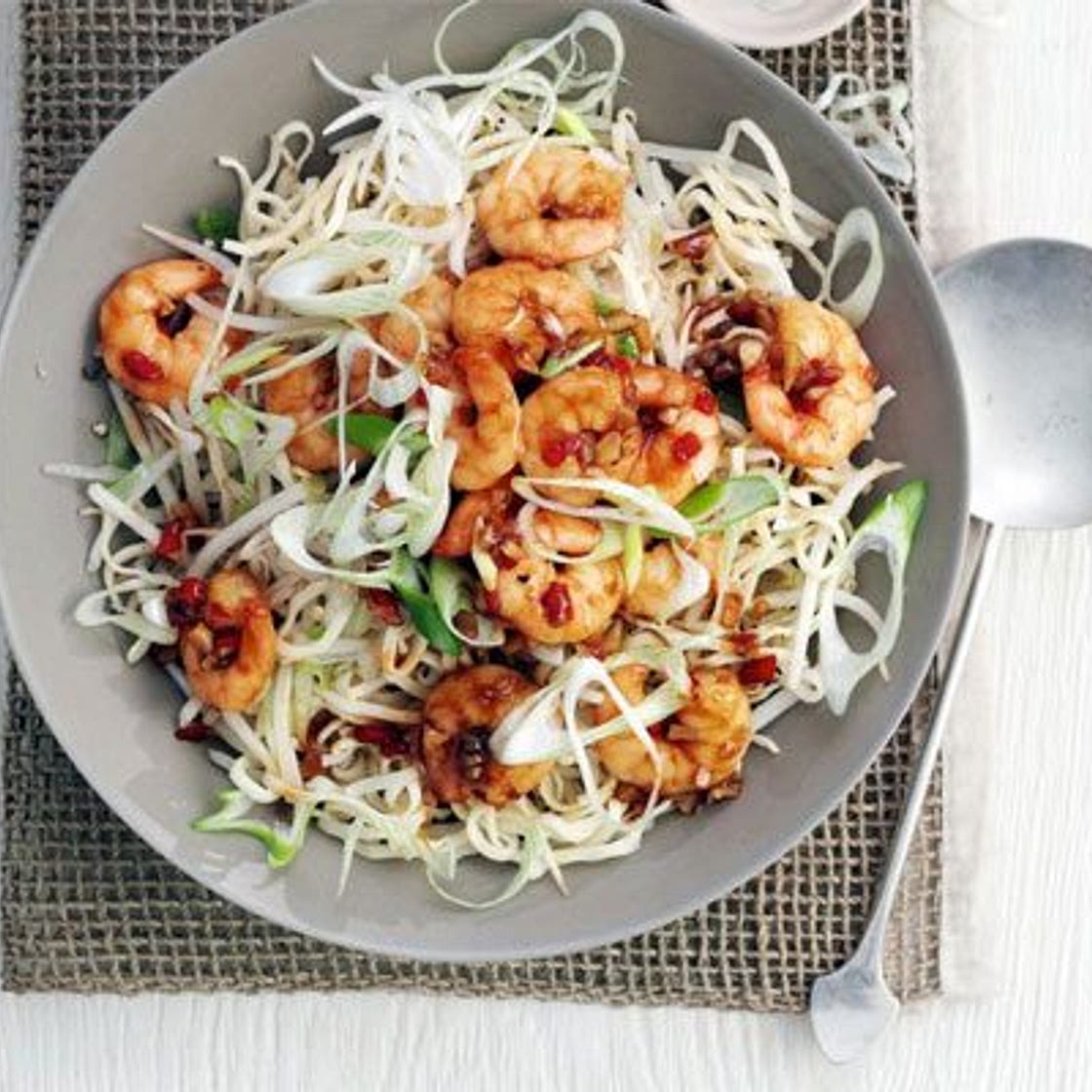 Garlic chilli prawns with sesame noodles