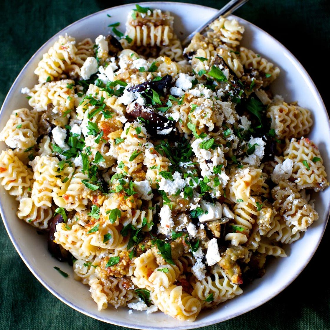 Charred Eggplant and Walnut Pesto Pasta Salad