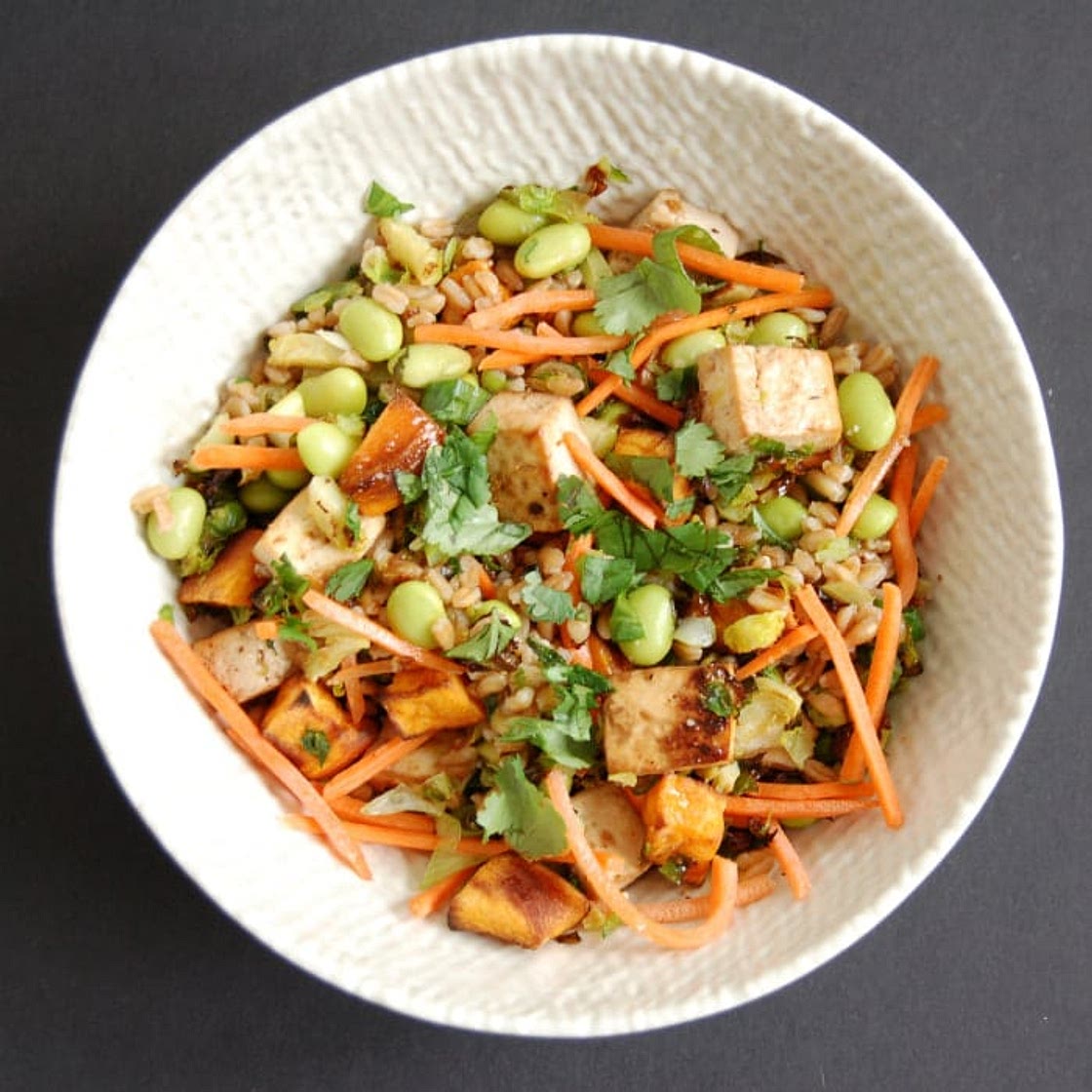 Asian-Style Farro Buddha Bowl with Crispy Baked Tofu