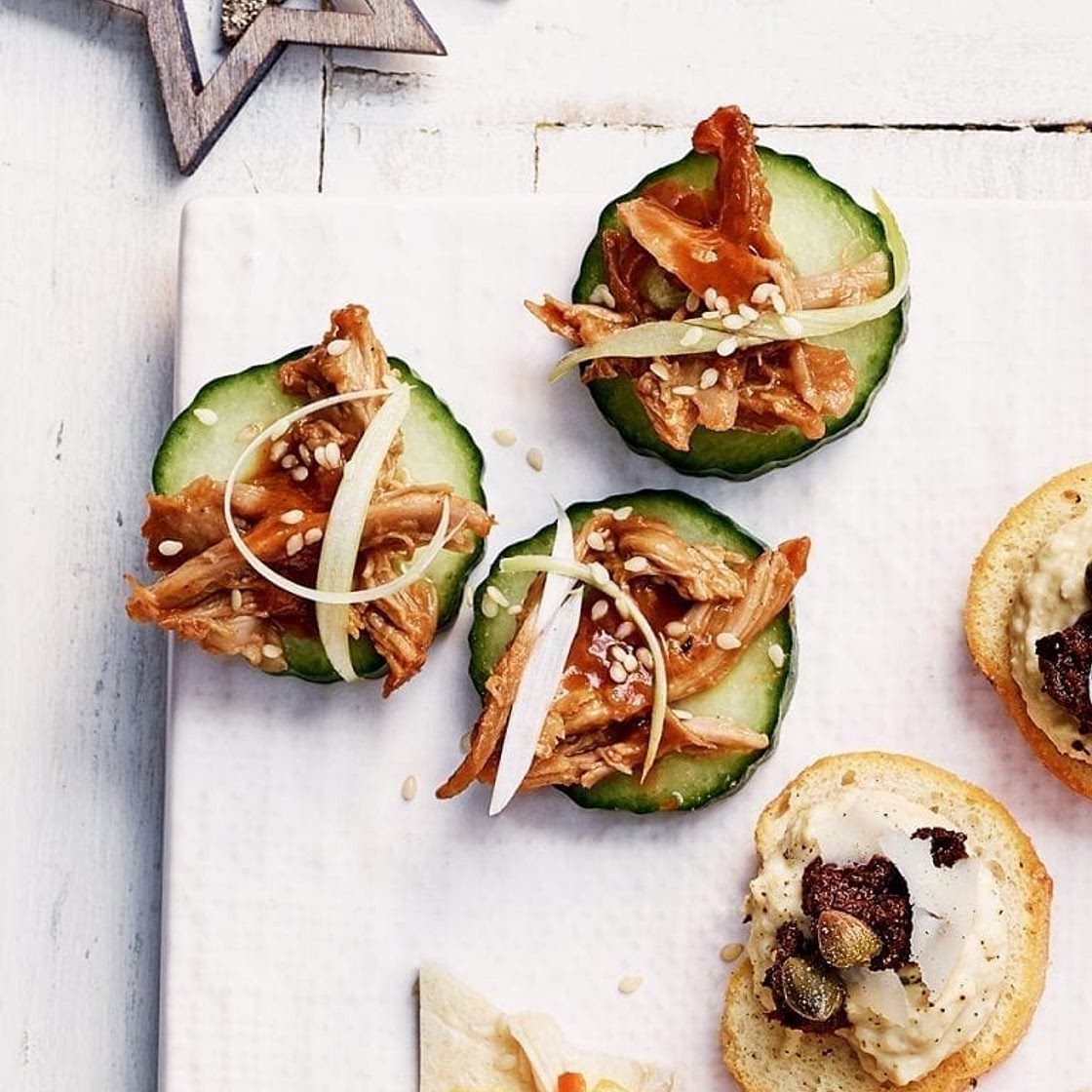 Hoisin duck on cucumber