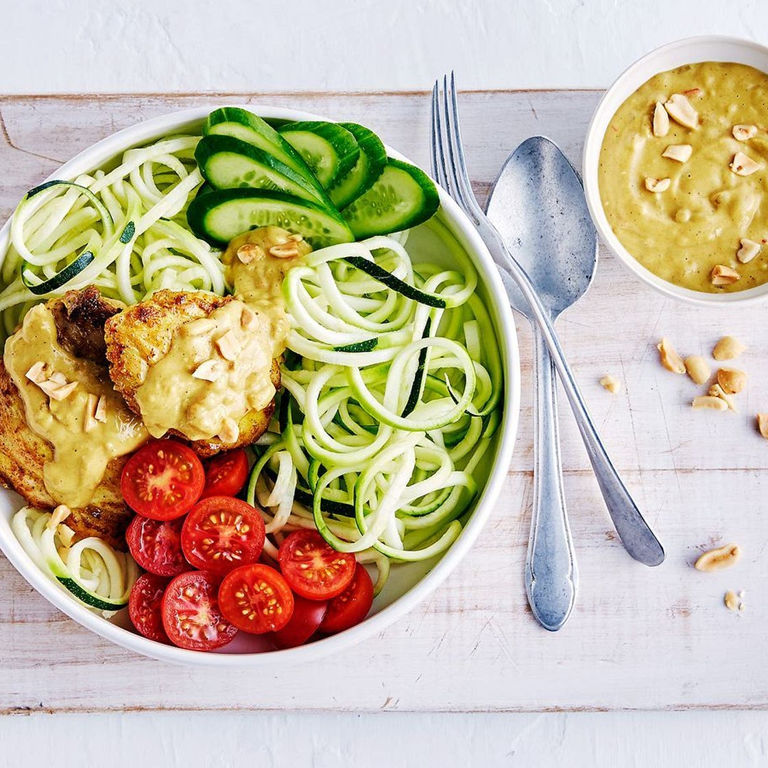 Keto satay chicken bowl with zoodle salad recipe