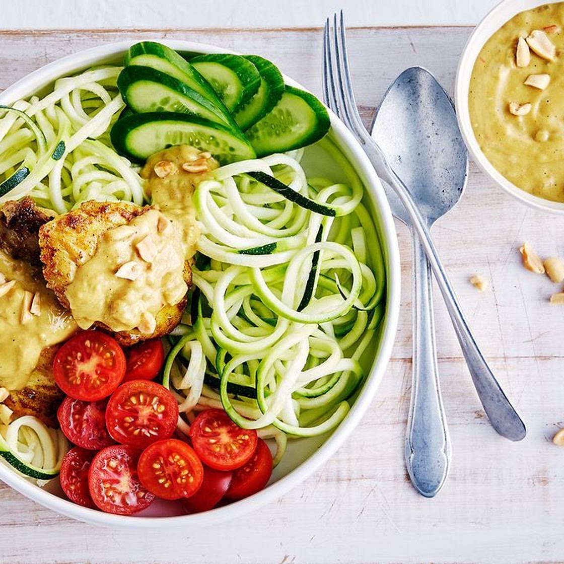 Keto satay chicken bowl with zoodle salad recipe