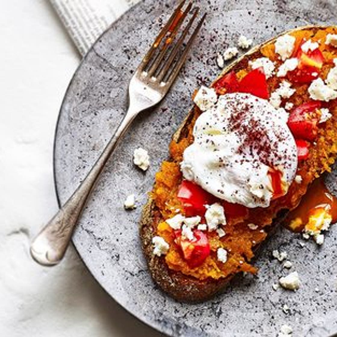Squash toast with feta, sumac and poached egg