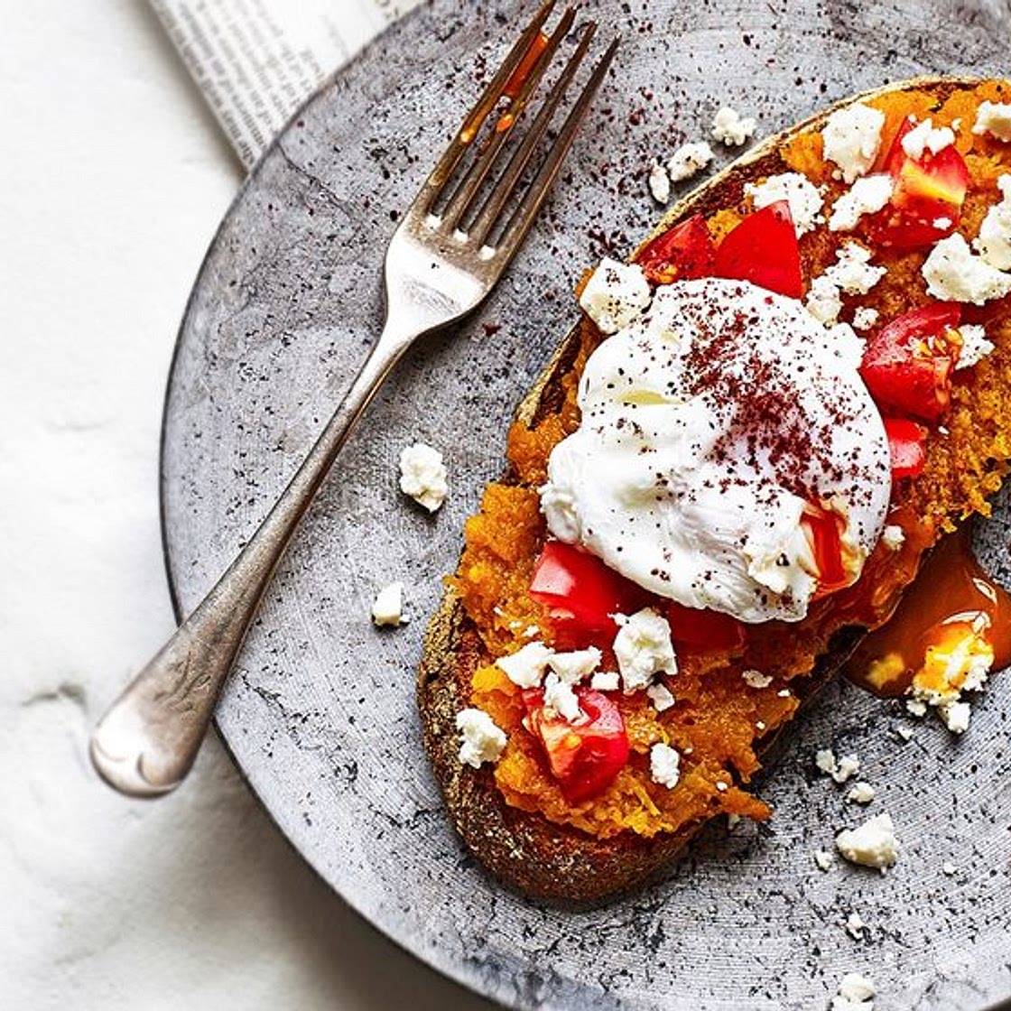 Squash toast with feta, sumac and poached egg