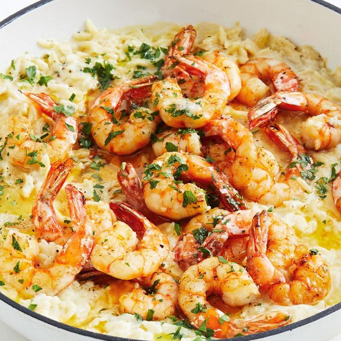 One-pan creamy garlic prawn risoni recipe