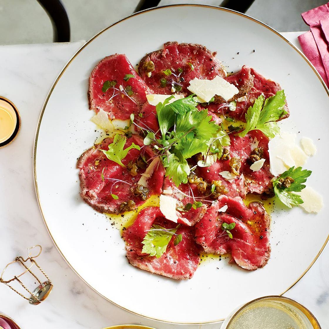 Beef carpaccio with crispy capers, pecorino and celery
