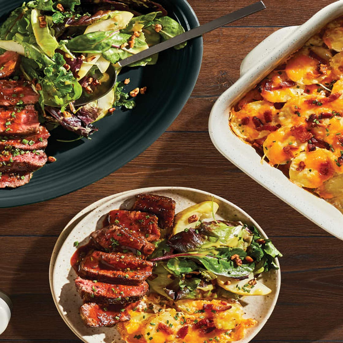 Beef Au Poivre & Cheesy Potato Gratin with a Pear & Pecan Salad