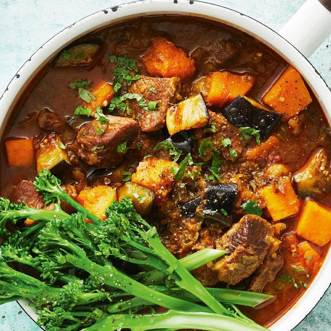 Slow-cooked lamb with pumpkin and eggplant recipe