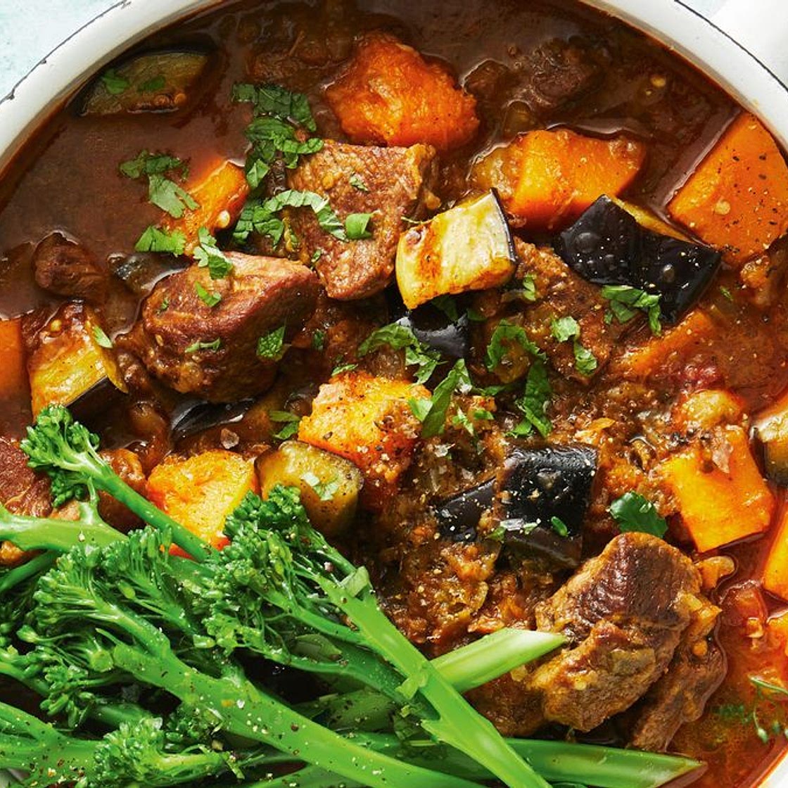 Slow-cooked lamb with pumpkin and eggplant recipe