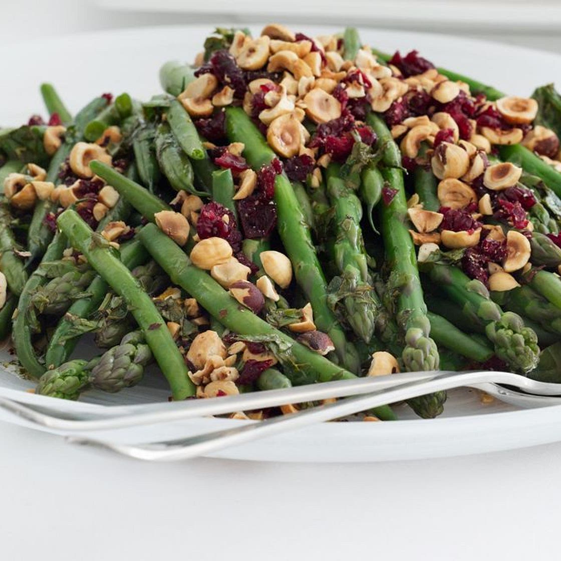 Asparagus and beans with hazelnut cranberry dressing