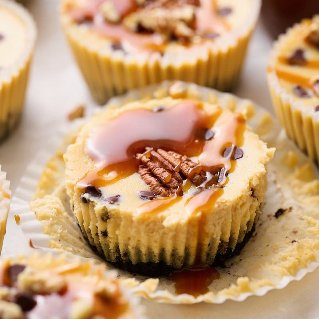 Mini Salted Caramel Chocolate Chip Cheesecakes