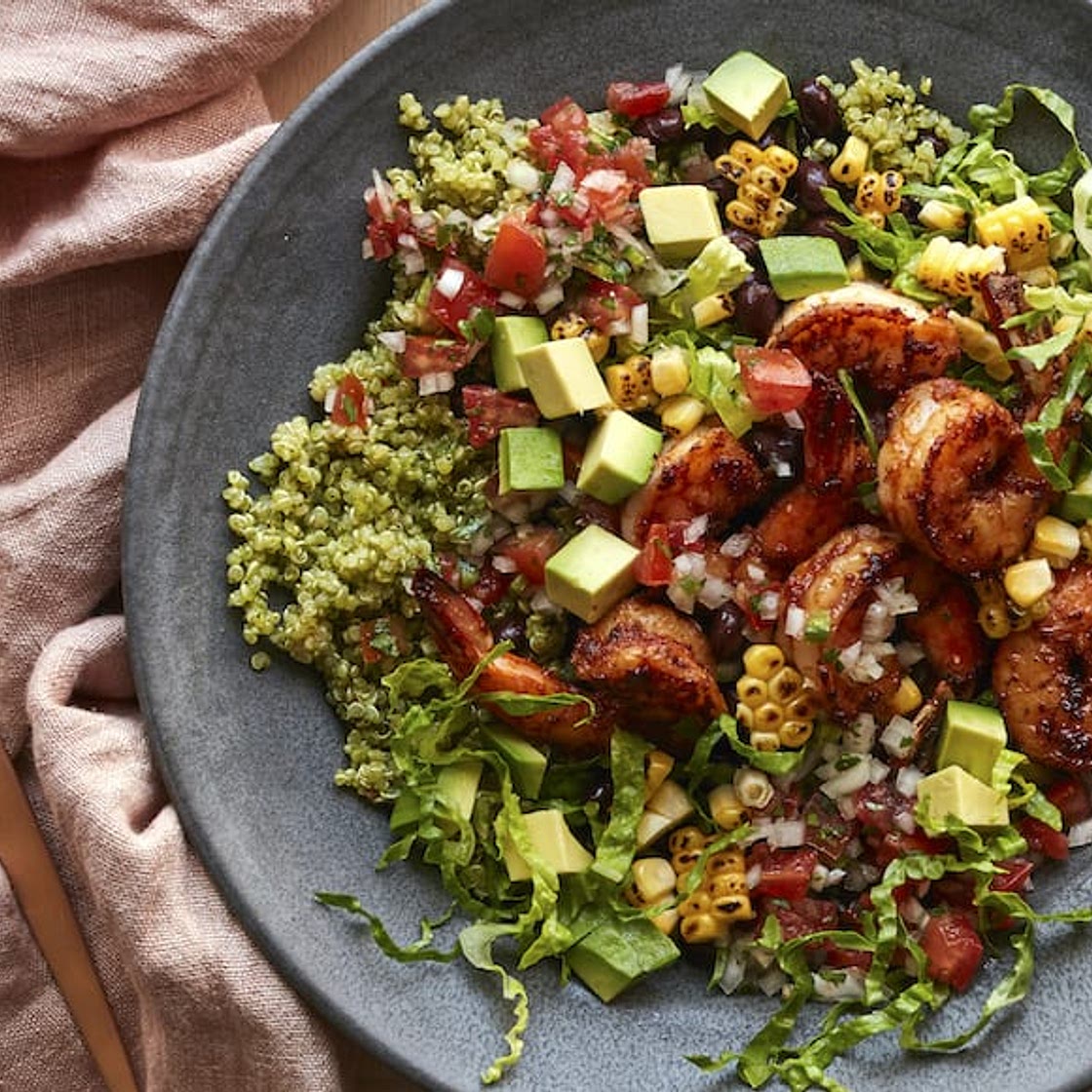 Avocado Shrimp Quinoa Bowl with Cilantro Vinaigrette