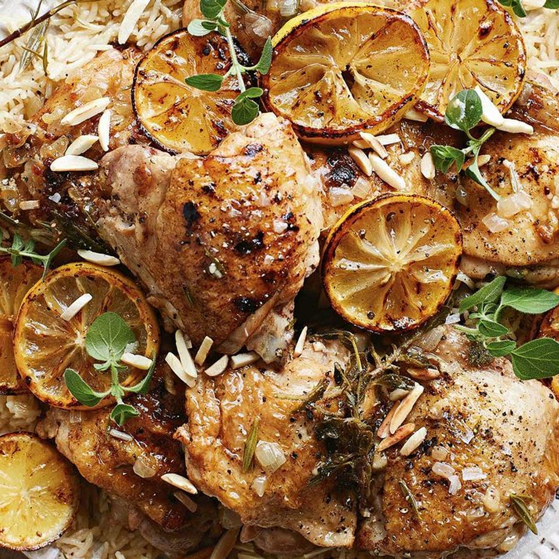 Garlic, lemon and herb chicken with lemony rice