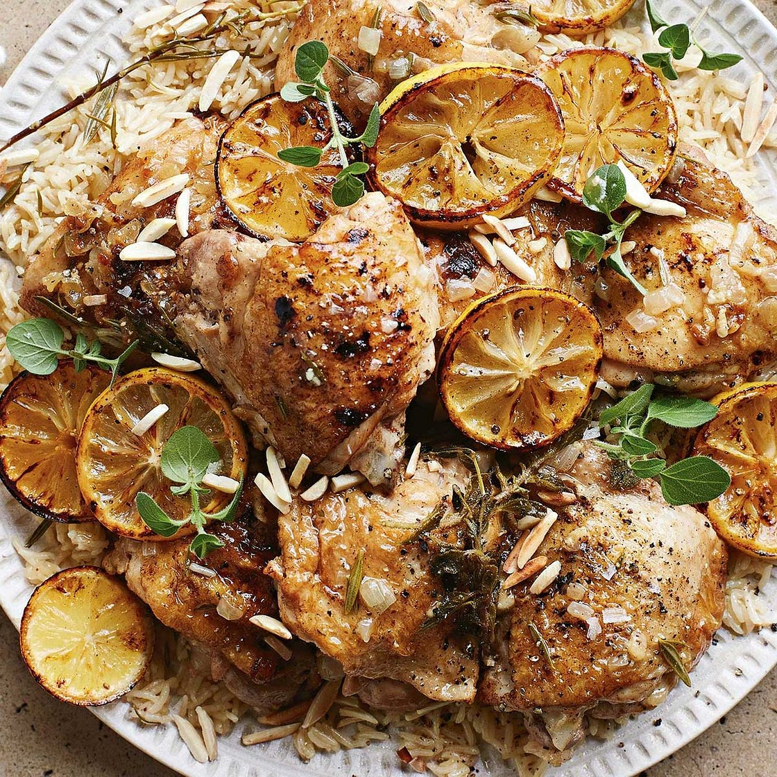 Garlic, lemon and herb chicken with lemony rice