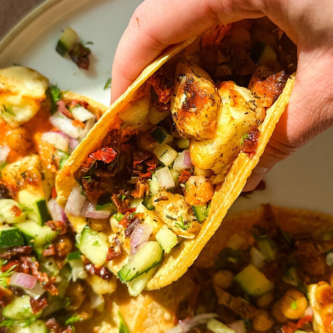 Halloumi and Chickpea Tacos with Cucumber Salsa