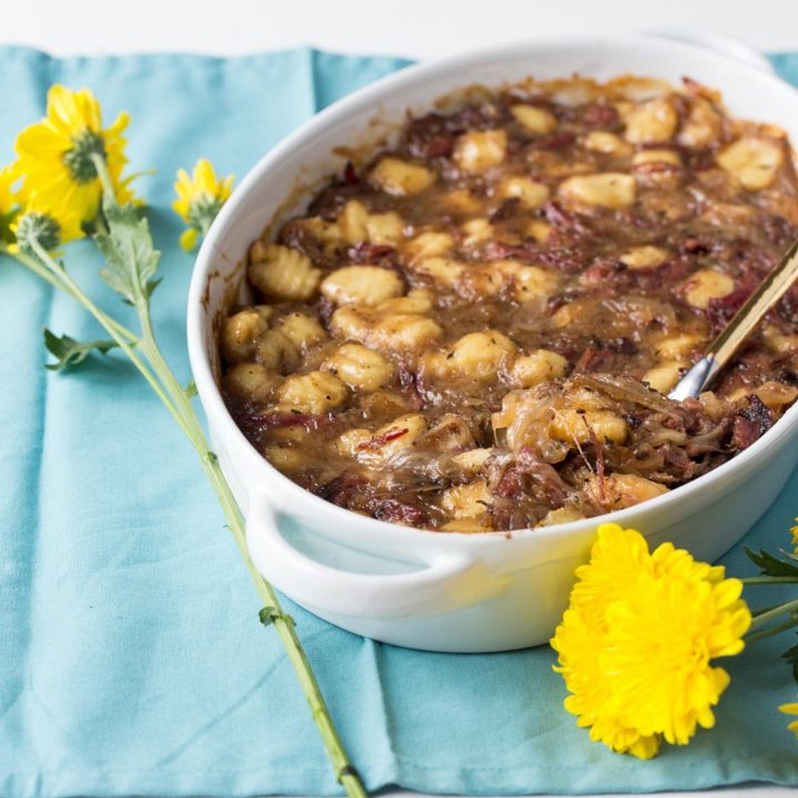 Caramelized Onion, Pastrami and Gnocchi Bake