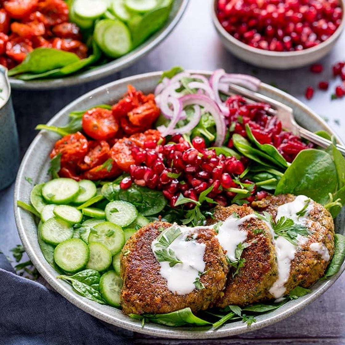 Falafel Salad Bowl with Creamy Feta Dip