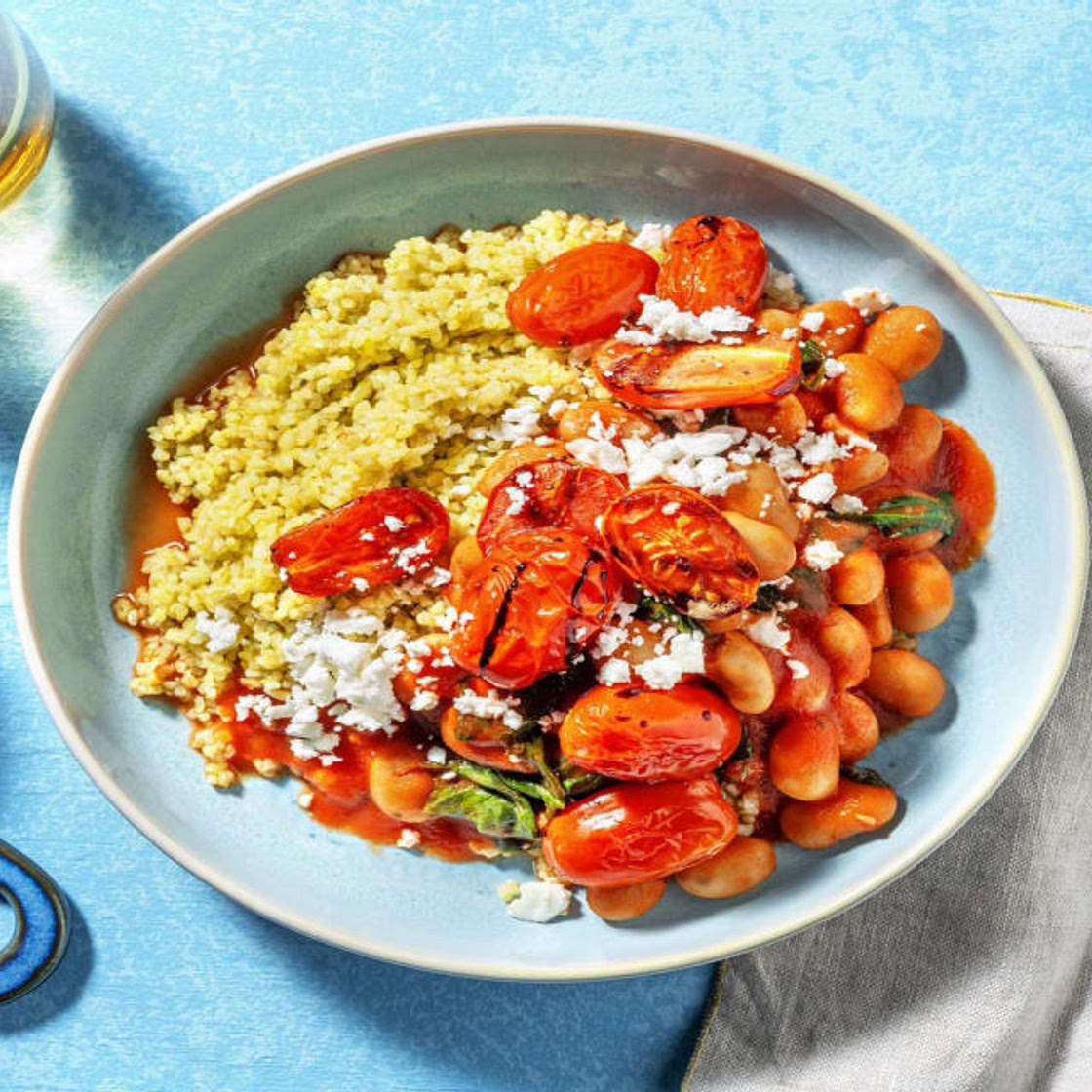 Cannellini and Roasted Balsamic Tomato Stew with Pesto Bulgur and Greek Style Salad Cheese
