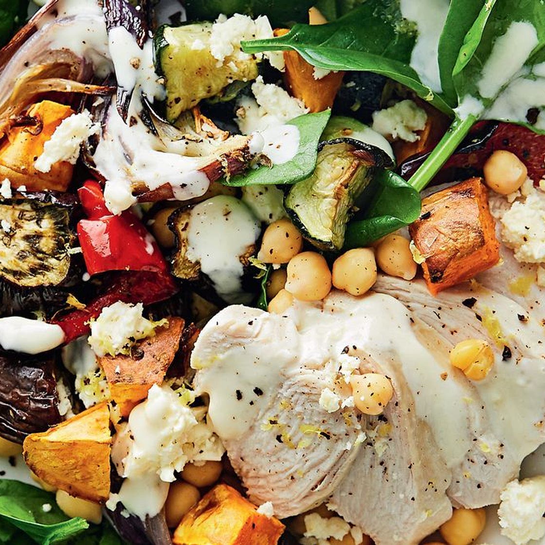 Creamy chicken and roast vegetable salad recipe
