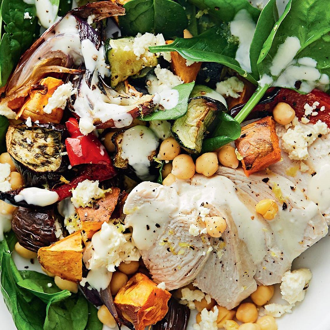 Creamy chicken and roast vegetable salad recipe