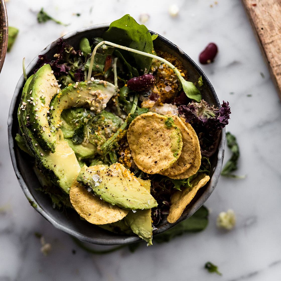 Vegan taco salad with yoghurt tahini dressing