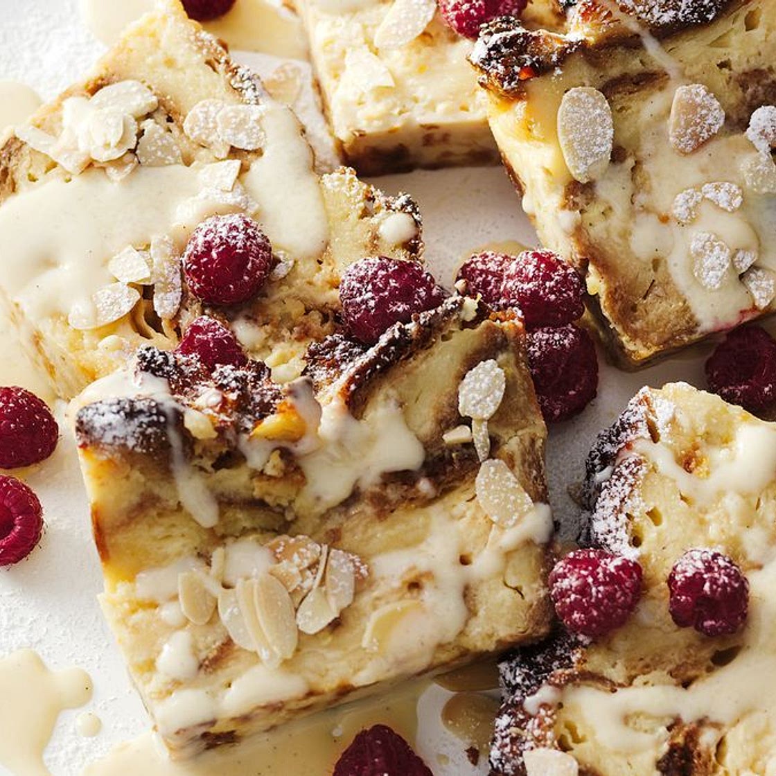 Almond croissant pudding with creme anglaise