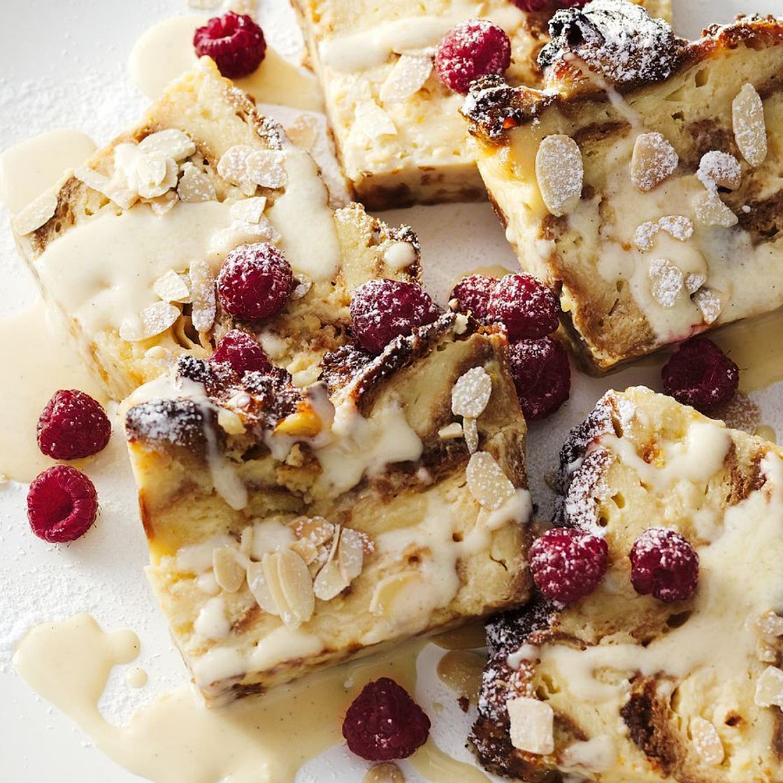 Almond croissant pudding with creme anglaise