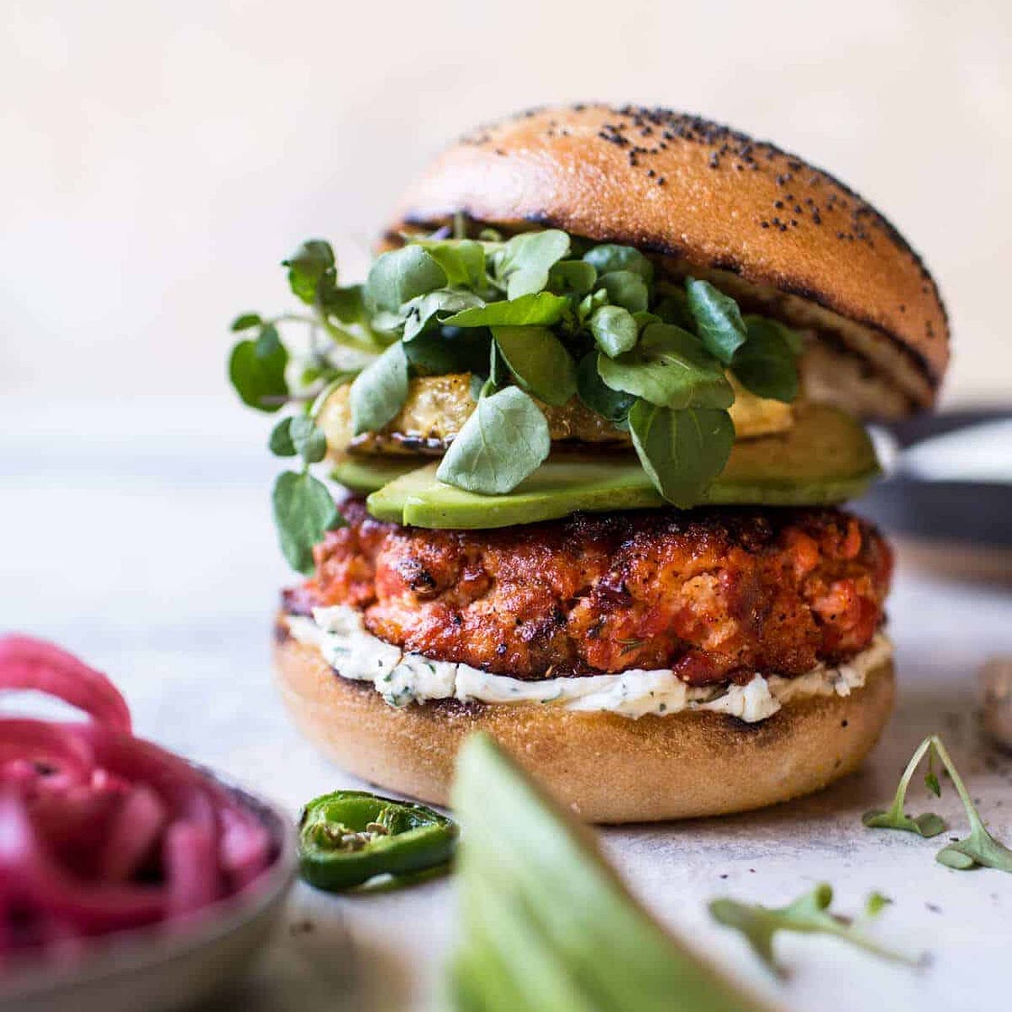 Blackened Salmon Burgers with Herbed Cream Cheese