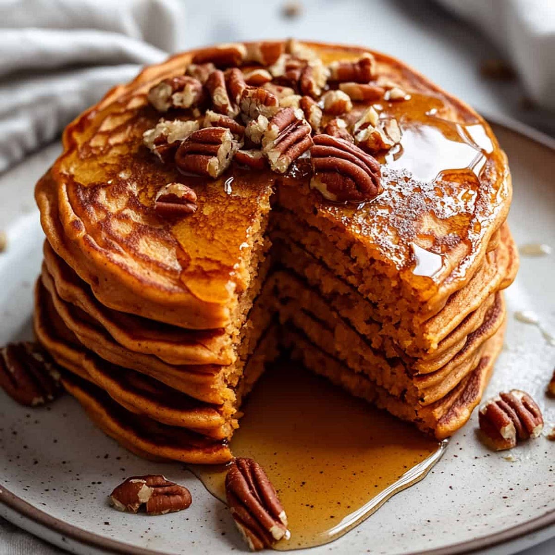 Vegan Sweet Potato Pancakes with Maple Pecan Crumble