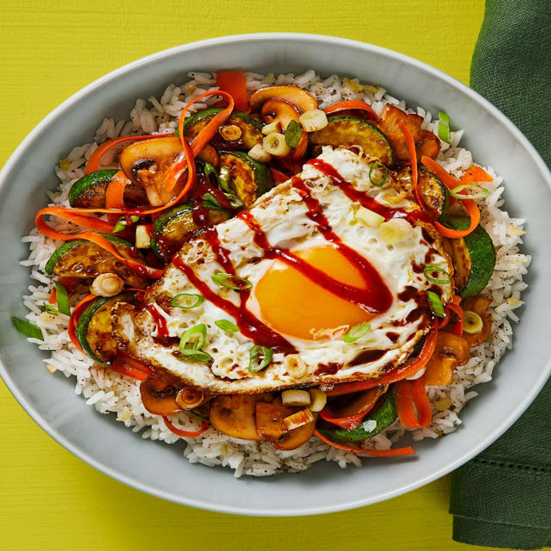 Veggie Bibimbap Rice Bowls with Sweet Sesame Sauce & a Fried Egg