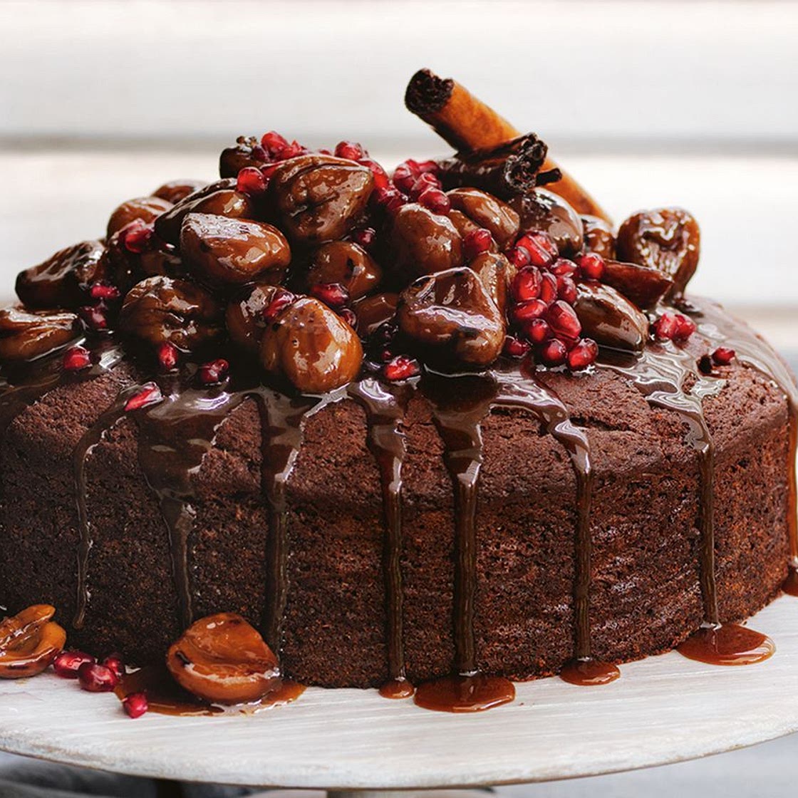Date and chestnut cake with pomegranate butterscotch