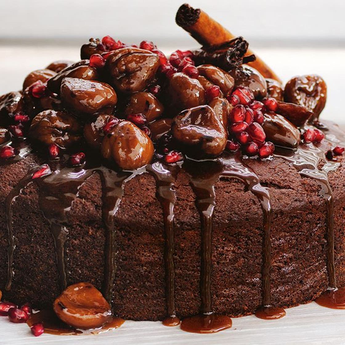Date and chestnut cake with pomegranate butterscotch