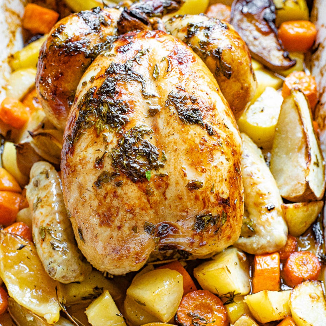 ROASTED LEMON THYME CHICKEN AND ROOT VEGETABLES