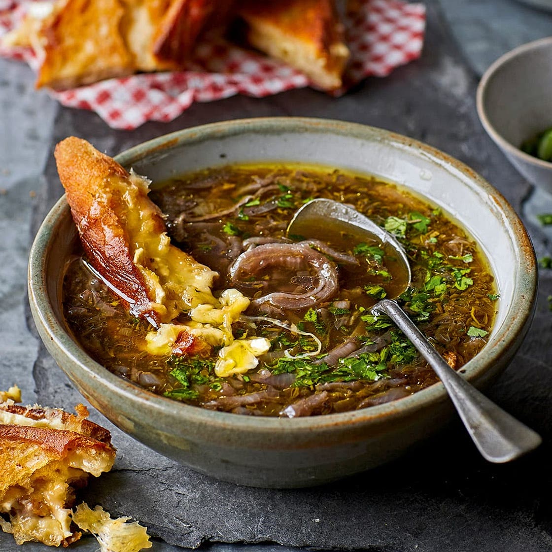 Red onion soup with cheesy sourdough melts