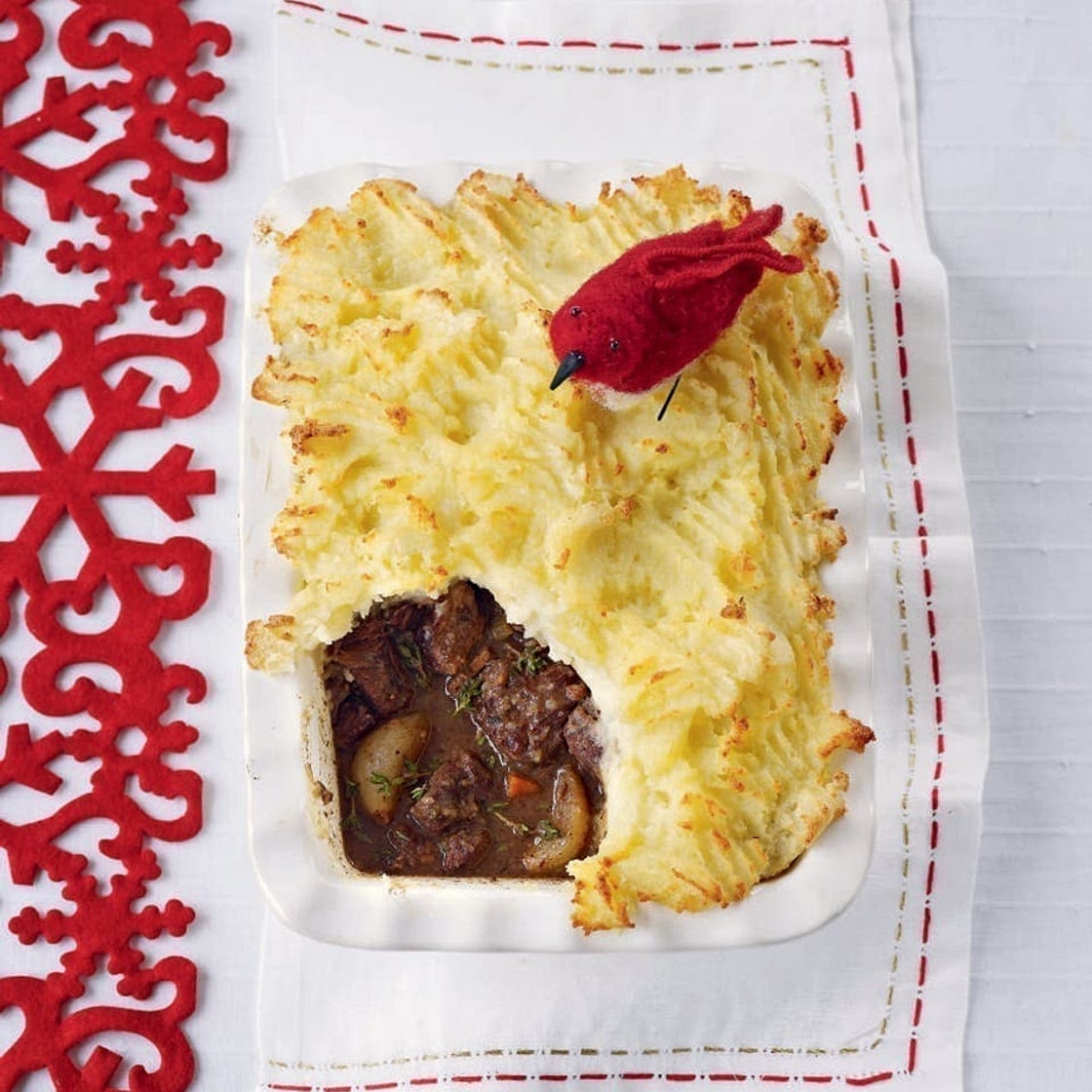 Barolo-braised beef and shallot pie with parsnip and potato mash