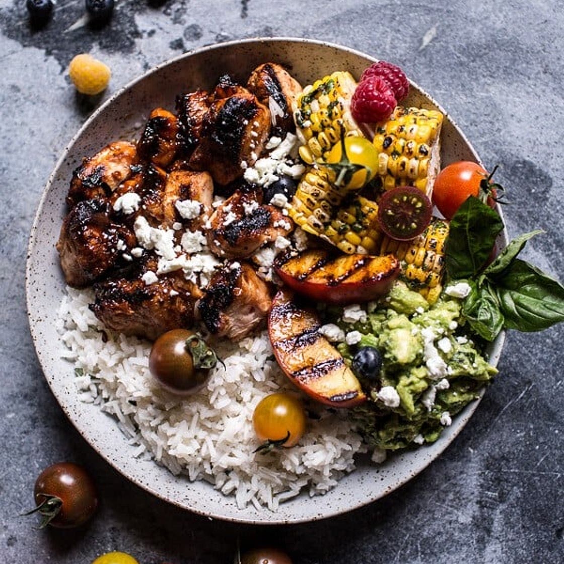 BBQ Chicken and Grilled Corn Rice Bowls with Berry Smashed Avocado