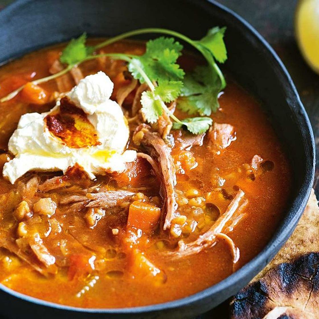 Slow-cooker spiced split-pea soup with harissa labneh