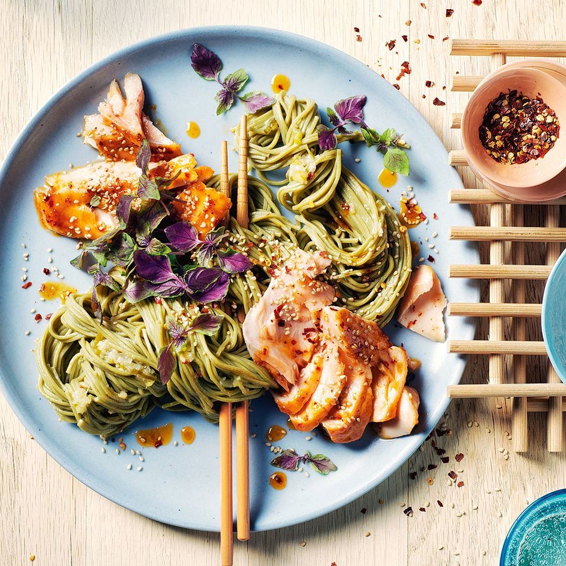Green tea noodles with sticky sweet chilli salmon