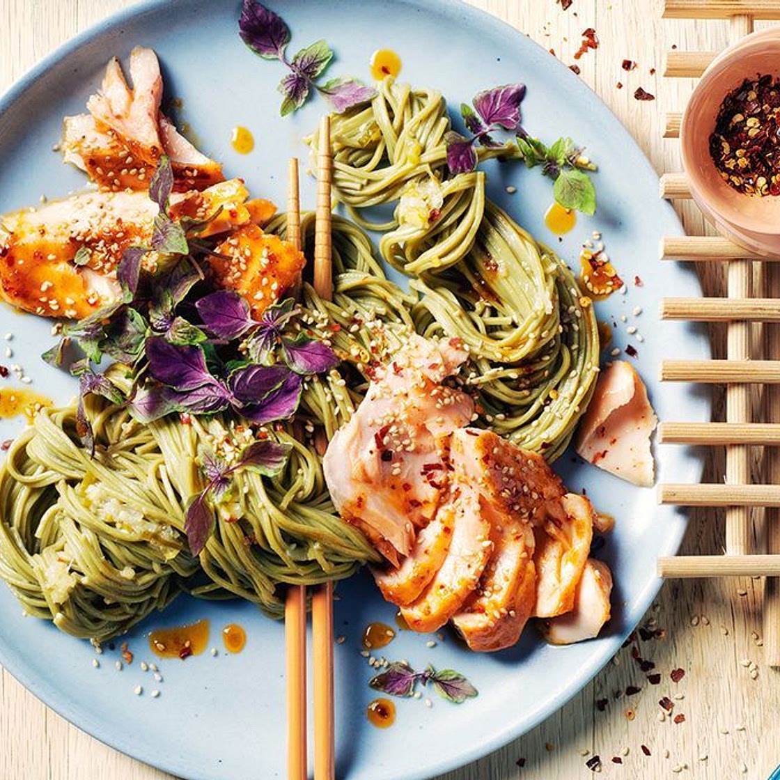 Green tea noodles with sticky sweet chilli salmon