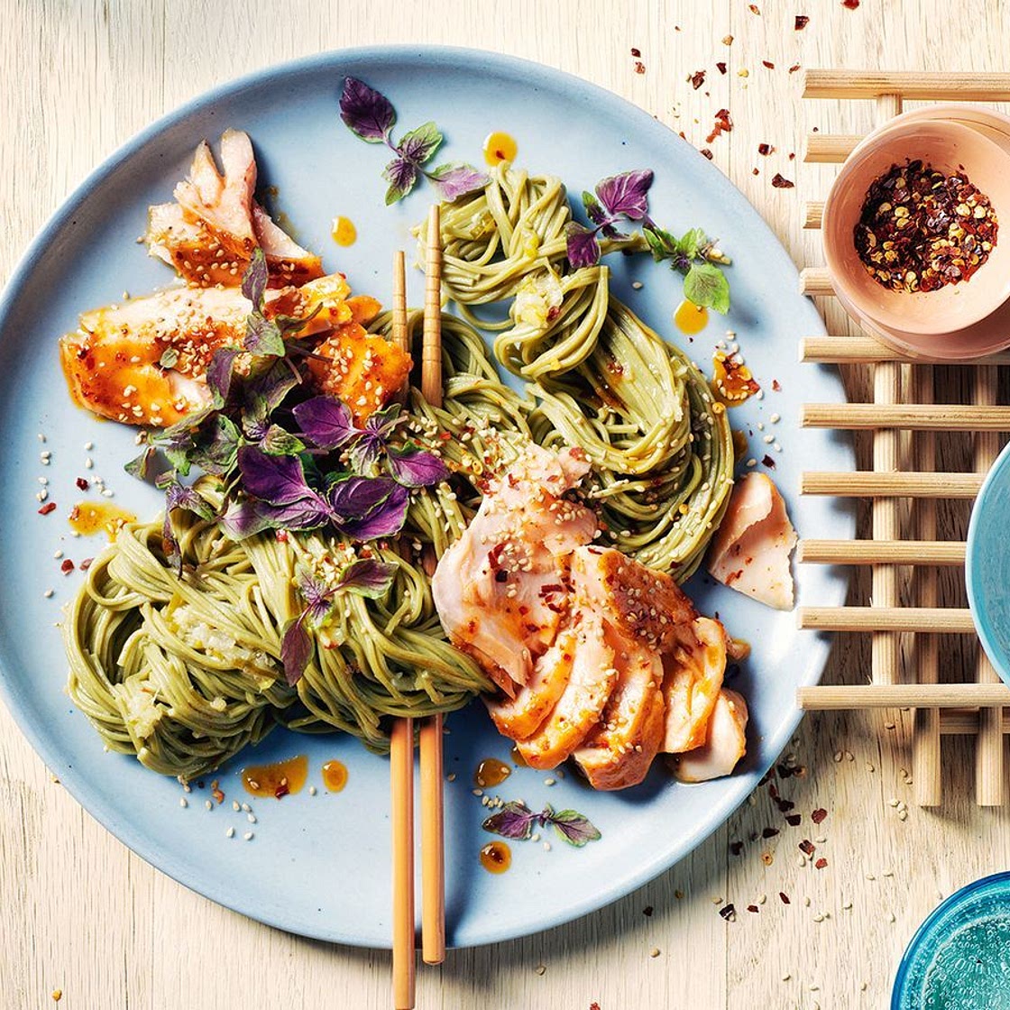 Green tea noodles with sticky sweet chilli salmon