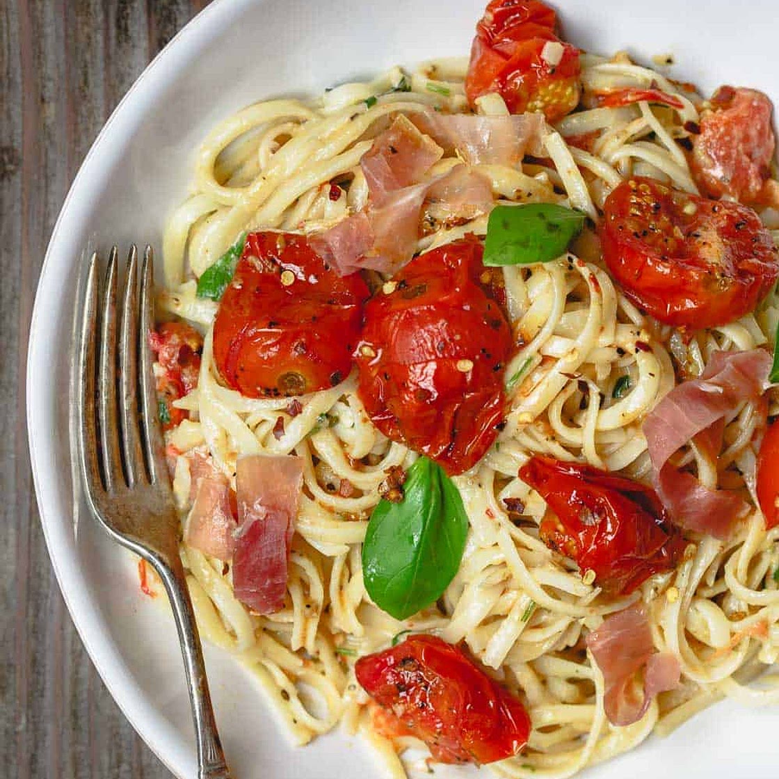 Easy Carbonara Recipe with Roasted Tomato and Prosciutto